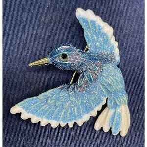 NWOT Blue Hummingbird Bird Brooch Pin Enamel Rhinestone Black Eye Gold Toned
